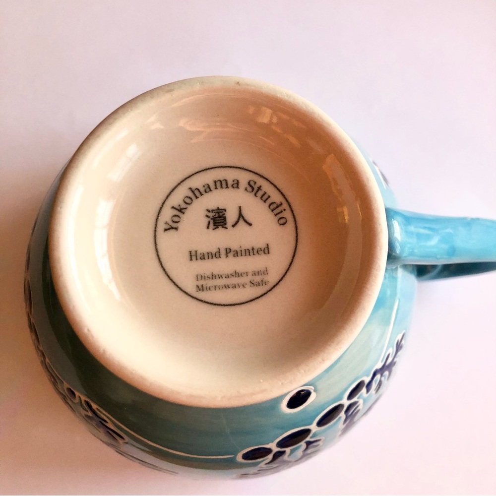 Yokohama Studio Pottery Blue Coffee Mug Tea Cup Hand painted fish sealife coral - Picture 6 of 9
